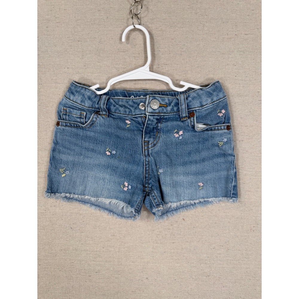 Cat & Jack Girls Floral Embroidered Denim Shorts Blue Stretch Size XS 4/5
